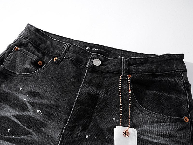 Purple Brand Paint Splatter Waxed-Look Black Jeans