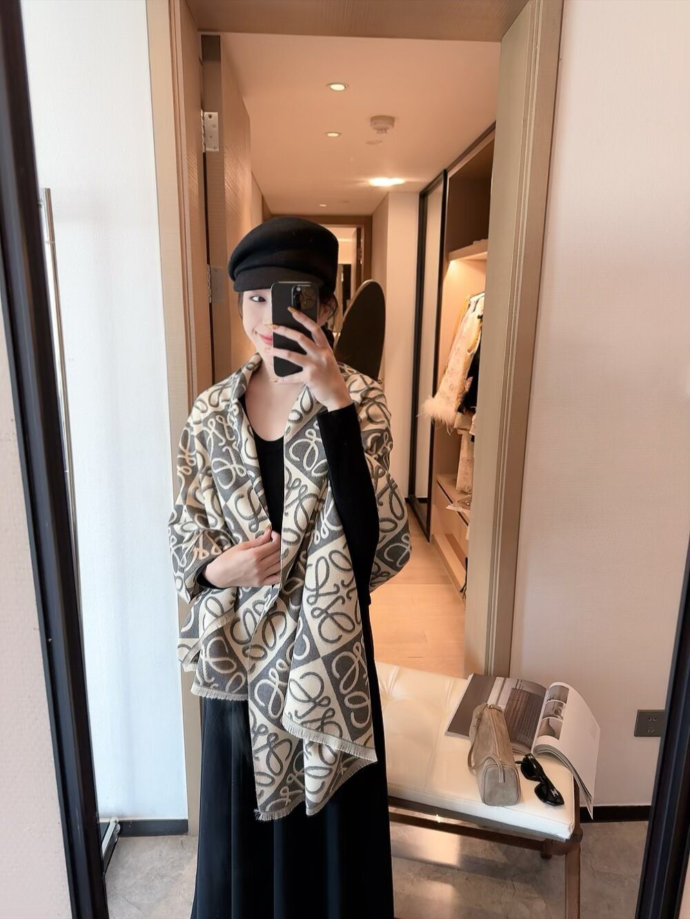 Loewe Taupe Graphic Motif Scarf