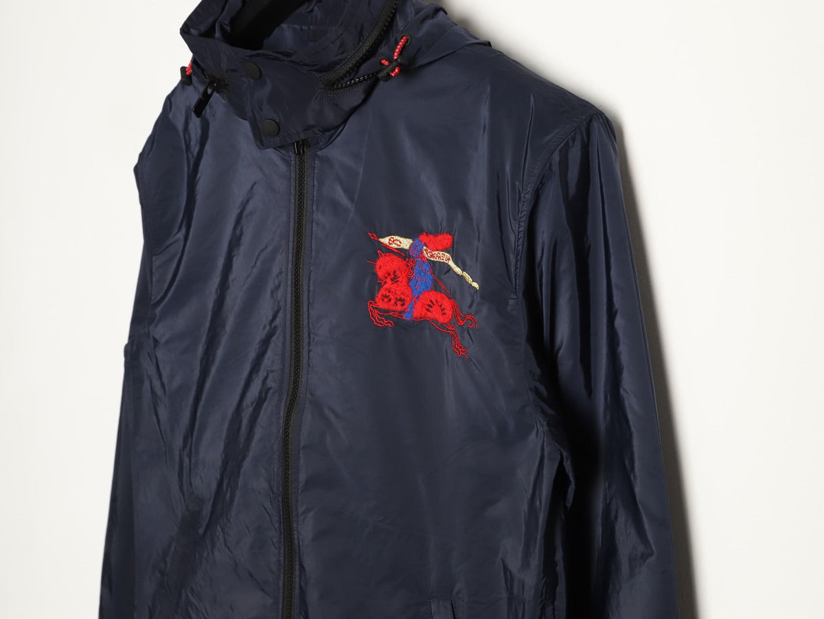 Burberry Flocked Equestrian Knight Embroidered Hooded Jacket - Dark Navy
